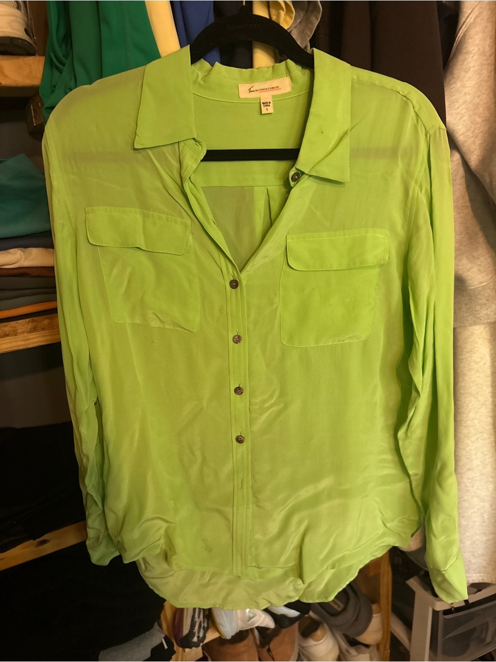 Vince Camuto Chartreuse Button-Front Pocket Blouse